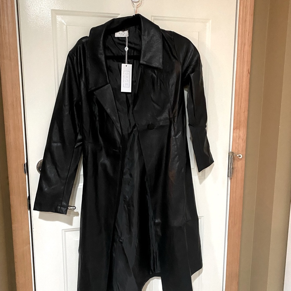 Women’s black faux leather trench jacket